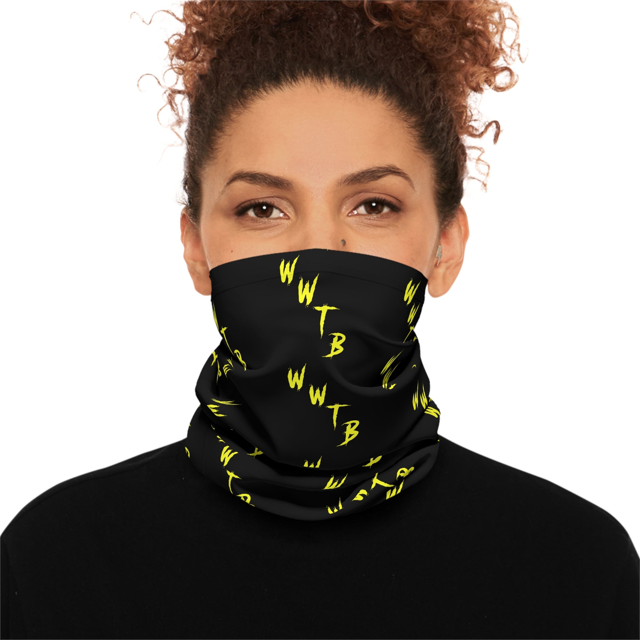 Lightweight Neck Gaiter — Black & Yellow Repeating "WWTB" Logo
